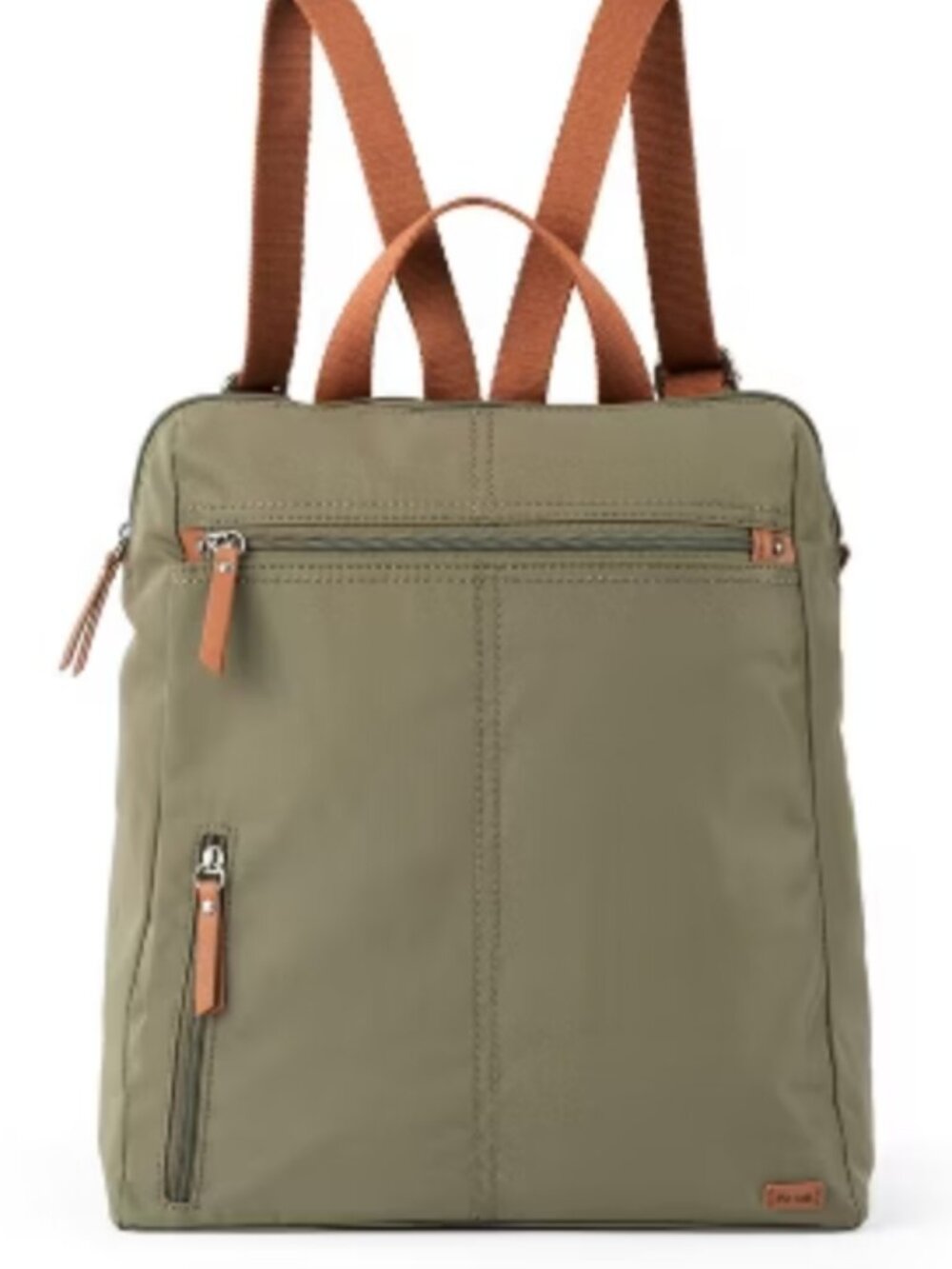 The Sak Esperato Olive Nylon Backpack Cognac Straps Zip Pockets